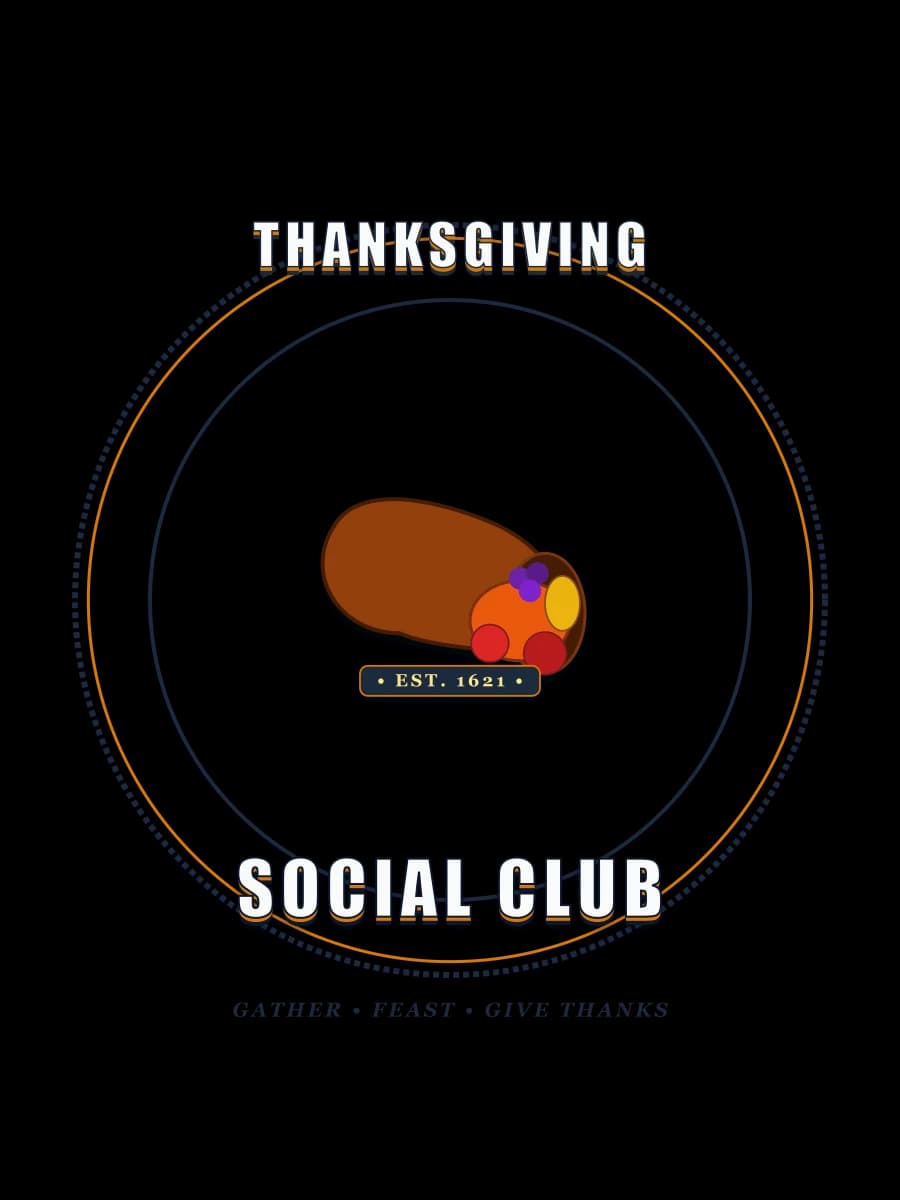 Thanksgiving Social Club heritage crest with harvest cornucopia